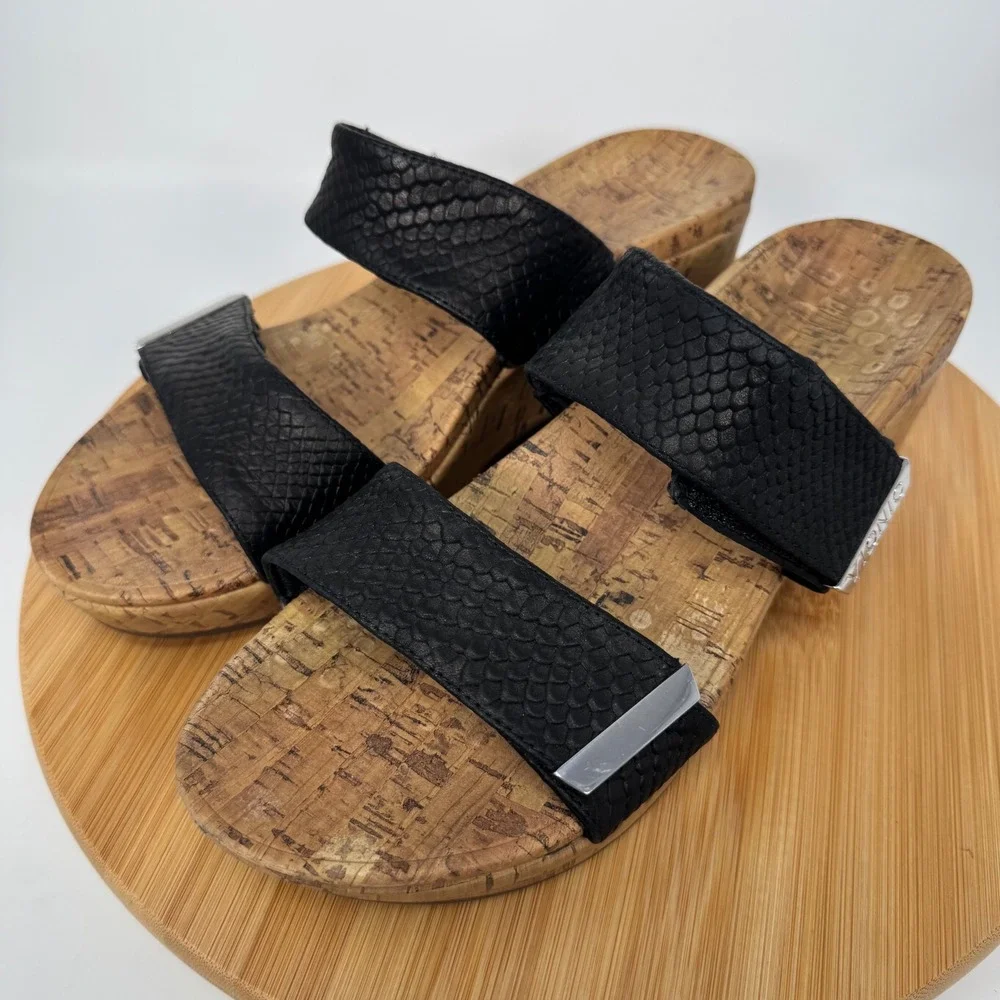 Vionic Pepper Black Snakeskin Leather Cork Wedge Slide Sandals TVW5251 Womens 10